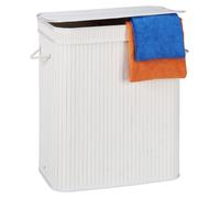 Lot de 3 paniers à linge en bambou, trieur de linge rectangulaire, 2 compartiments, avec couvercle rabattable, pliable pour un gain de place, 95 l, blanc