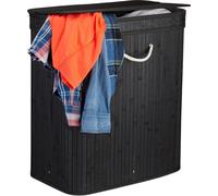 Lot de 3 paniers à linge en bambou, trieur de linge rectangulaire, 2 compartiments, avec couvercle rabattable, pliable pour un gain de place, 95 l, noir