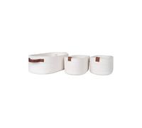 Lot de 3 Paniers en Coton Blanc et Poignées Imitation Cuir Marron - JIANA -