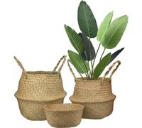 Lot de 3 paniers en jonc de mer, couleur naturel, paniers à linge tissés à la main, pliables, paniers à fleurs avec poignée, pour les jouets, le linge, les pique-niques, les pots de fleurs, sac de pla