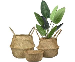 Lot de 3 paniers en jonc de mer, couleur naturel, paniers à linge tissés à la main, pliables, paniers à fleurs avec poignée, pour les jouets, le linge, les pique-niques, les pots de fleurs, sac de pla