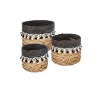 Atmosphera - Lot de 3 Paniers en roseau à pompons - Noir et Blanc Noir G
