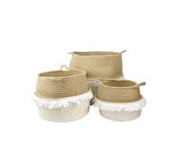 Lot de 3 Paniers Rétractables Cordage Coton Blanc Taupe et Doré avec Franges - COSIA -