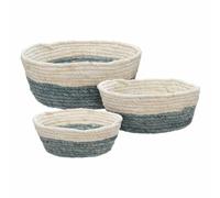 Lot de 3 paniers ronds de rangement - Naturel et bleu