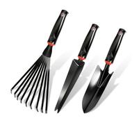 Lot de 3 pelles de jardin - Noir - Pelle étroite - Râteau à neuf dents - Pelle à main - Pour transplantation de semis et ameublissement