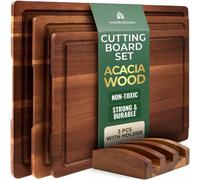 Lot de 3 planches à découper en bois d'acacia avec support, rainures pour jus et poignées intégrées - Planches à découper en bois durables pour cuisine, parfaites pour hacher, préparer les aliments et