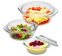 Lot de 3 plats à gratin ronds en verre avec couvercle, plats en verre borosilicaté allant au four d'une contenance de 0,7 l / 1,5 l / 2 l, plats en verre résistants à la chaleur pour la viande, les la