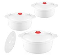 Lot de 3 plats à micro-ondes blancs avec couvercle : 900-2400 ml Vaisselle ronde à micro-ondes avec cuiseur vapeur, bol pour micro-ondes, empilable, passe au lave-vaisselle, compatible micro-ondes