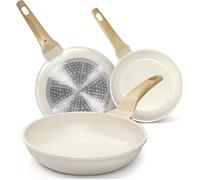 YASHE Lot de 3 poêles 20/24/28 cm, non toxique, sans PTFE ni PFAS | Aluminium moulé avec poignée effet bois; chauffe homogène; induction et tous feux; pour œufs, omelettes et viandes