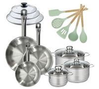 Lot de 3 Poêles 20/24/28cm et 3 Faitouts 16/20/24cm avec couvercles Fackelmann Etherna avec 5 ustensiles