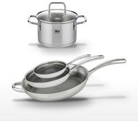 Lot de 3 Poêles Elo Relief Evolution en Inox 18/10 et Faitout 12cm