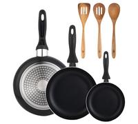 Lot de 3 poêles Wellhome 16/20/24 en aluminium pressé + lot de 3 ustensiles de cuisine en acacia