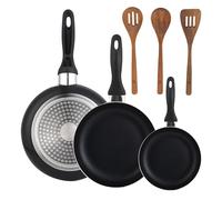 Lot de 3 poêles Wellhome 16/20/24 en aluminium pressé + lot de 3 ustensiles de cuisine en bois d'acacia