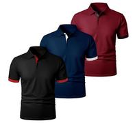 Lot de 3 Polos à Manches Courtes pour Homme - Évacuation de l'humidité - Vêtements de Travail boutonnés - Haut de Golf Fin, Noir + Bleu foncé + Rouge Polo De Hombre, M