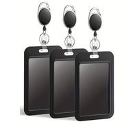 Lot De 3 Porte-Badges Coulissants Protecteur Vertical Rigide En Plastique Noir Avec Enrouleur De Badge Pour Le Bureau, L'école, Les Cartes De Crédit, Les Cartes-Clés De Proximité, Le Permis De Conduir