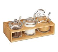 Lot De 3 Pots À Épices, Salière, Sucrier, Avec Support En Bambou, Cuillère Et Couvercle, Nature/Transparent - Relaxdays