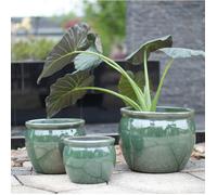 Lot de 3 pots de fleur en céramique faits main Ø 37/30/23 cm bleu vert antique émaillé brillant pour intérieur et extérieur