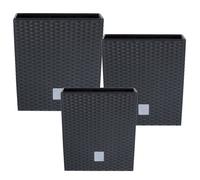 Lot de 3 pots de fleurs avec insert en rotin, couleur anthracite, 26, 32 et 40 cm, en plastique, forme trapézoïdale et carrée