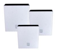 Lot de 3 pots de fleurs avec insert en rotin, couleur blanche, 22, 26 et 32 cm, en plastique, forme trapézoïdale et carrée