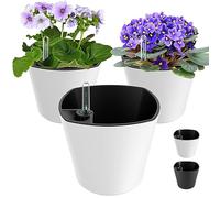 Lot de 3 pots de fleurs ronds à auto-arrosage pour plantes d'intérieur avec indicateur de niveau d'eau - Blanc - 17,8 cm - Violet africain à arrosage automatique - Pour toutes les orchidées, aloès