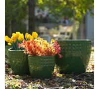 Lot de 3 pots de fleurs ronds en céramique avec trou de drainage - Pots résistants au gel pour l'extérieur et l'intérieur - Pots fabriqués à la main, couleur vert antique - Ø 38/30/23 cm