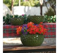 Lot de 3 pots de fleurs ronds en céramique émaillée, style moderne effet martelé, résistants au gel, avec trou de drainage. Lot de pots de fleurs pour jardin et balcon, vert antique, Ø 38/30/25 cm