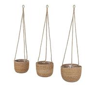 Lot de 3 pots de fleurs suspendus en jonc de mer naturel - 23, 20, 17 cm - Pot de fleurs à suspendre en matériau naturel - Pot de fleurs suspendu avec film intérieur
