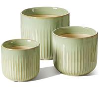 Lot de 3 pots en céramique, couleur vert sauge/vert, dimensions 21 + 17 + 14 cm, avec trou de drainage