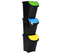 Lot de 3 poubelles empilables avec couvercles, en polypropylène noir, volume total de 120 l, pour la maison, le bureau, le jardin, le recyclage et le tri des déchets