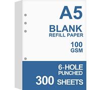 Lot de 3 recharges de papier vierge A5 pour agenda, organiseur, classeurs, perforées à 6 trous, 300 feuilles/600 pages, 100 g/m², blanc, 148 x 210 mm