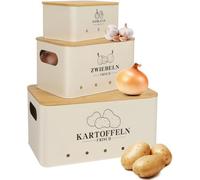 Lot de 3 récipients à pommes de terre, couvercle en bambou, beige, style vintage