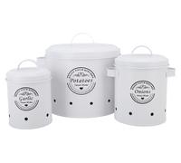 Lot de 3 récipients de conservation pour pommes de terre et oignons en acier au carbone, support à pommes de terre de style rustique, bidons de cuisine, bocaux, récipients pour plan de travail, blanc