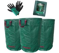 Lot de 3 sacs poubelles de jardin de 272 L avec gants, sacs en PP pour tondeuse à gazon, grands sacs poubelles de jardin avec poignées et cadre de transport, sacs poubelles de jardin pour déchets vert