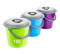 Lot de 3 seaux avec couvercle - 10 l - Seau de nettoyage alimentaire - Seau de nettoyage en plastique robuste - 10 l - Polyvalent - Pour la maison, le jardin et le camping - Fabriqué en UE
