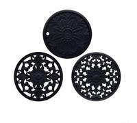 Lot de 3 sets de table ronds en silicone rétro creux sculptés résistants à la chaleur antidérapants pour cuisine salle à manger dessous de plat 16 cm noir (noir)