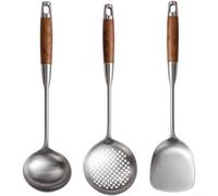 Lot de 3 spatules de cuisine de qualité supérieure avec manche en bois en acier 316L - Résistants à la chaleur - Pour wok, poêle, frire, sauté, lave-vaisselle - Ustensile de 38 cm