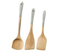 Lot de 3 spatules en bois naturel de hêtre - Ustensiles de cuisine anti-rayures pour wok, friture, mélange, service marron (3 pièces)