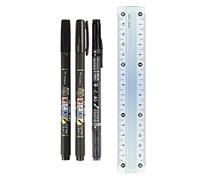 Lot de 3 stylos Tombow Fudenosuke, pointe souple et dure (couleur de l'encre noire) + stylo double pinceau (couleur noir + gris) avec règle gratuite