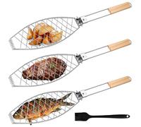 Lot de 3 supports de barbecue avec poignée en bois - Grand rôtissoire à poisson barbecue avec poignée en métal - Pince à poisson barbecue