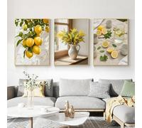 Lot de 3 tableaux sur toile citron et mimosa - Décoration de cuisine moderne - Tableaux muraux frais estivaux avec branche de citron, bouquet de mimosa et limonade vie morte - Impression sur toile (30