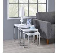Lot de 3 tables d'appoint LUNA tables basses de salon gigognes bouts de canapé plateau carré blanc brillant et cadre en métal chromé