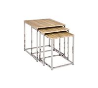 Lot de 3 tables en acier chrome, plateaux en MDF decore chene clair, Dim : L29/34/39 x P29/34/39 x H36/39/42 cm --