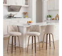 Lot de 3 Tabourets de Bar Pivotants 65 cm, Dossier à Boutons, Beige-brun | Assise 10 cm, mousse haute résilience, pieds de chaise en noyer, idéale pour îlot central, bar ou coin repas