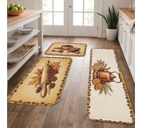 Lot de 3 tapis de cuisine à rouleau à pâtisserie rustique, feuilles de ferme, bouilloire en cuivre, beige automne, tapis de sol épais lavable doux et épais pour évier, buanderie, salle de bain, entrée