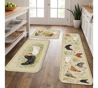 Lot de 3 tapis de cuisine doux à motif de poule de ferme - Motif coq et poule - Tapis décoratif lavable et antidérapant pour évier de cuisine et salle de bain