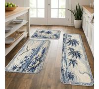 Lot de 3 tapis de cuisine en palmier tropical pour sol, motif océanique bleu et beige, tapis doux, confortable, lavable, décoration pour éviers, buanderie, salle de bain