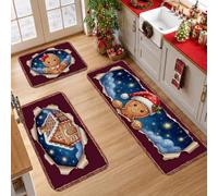 Lot de 3 tapis de cuisine Motif bonhomme en pain d'épice | Effet papier déchiré 3D, tapis d'évier de cuisine, toile de fond d'horizon nocturne, illustration étoilée
