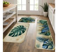 Lot de 3 tapis de cuisine motif feuilles tropicales pour sol, vert Monstera vintage, doux, confortable, lavable, décoration pour éviers, buanderie, salle de bain