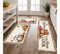 Lot de 3 tapis de cuisine rustiques motif citrouilles - Motif feuilles de bouilloire - Lavables et confortables - Tapis de sol rembourré pour évier, buanderie, salle de bain