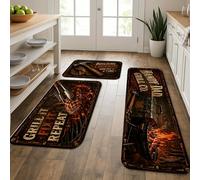 Lot de 3 tapis de cuisine vintage rustiques pour le sol, Grill It Fix It Repeat, doux, rembourrés, confortables, lavables pour éviers de cuisine, buanderie
